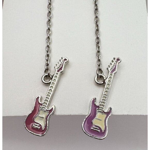 Vintage Electric Guitar Dangle Earrings Silver Tone Chain Pink Purple Musician - Picture 4 of 6